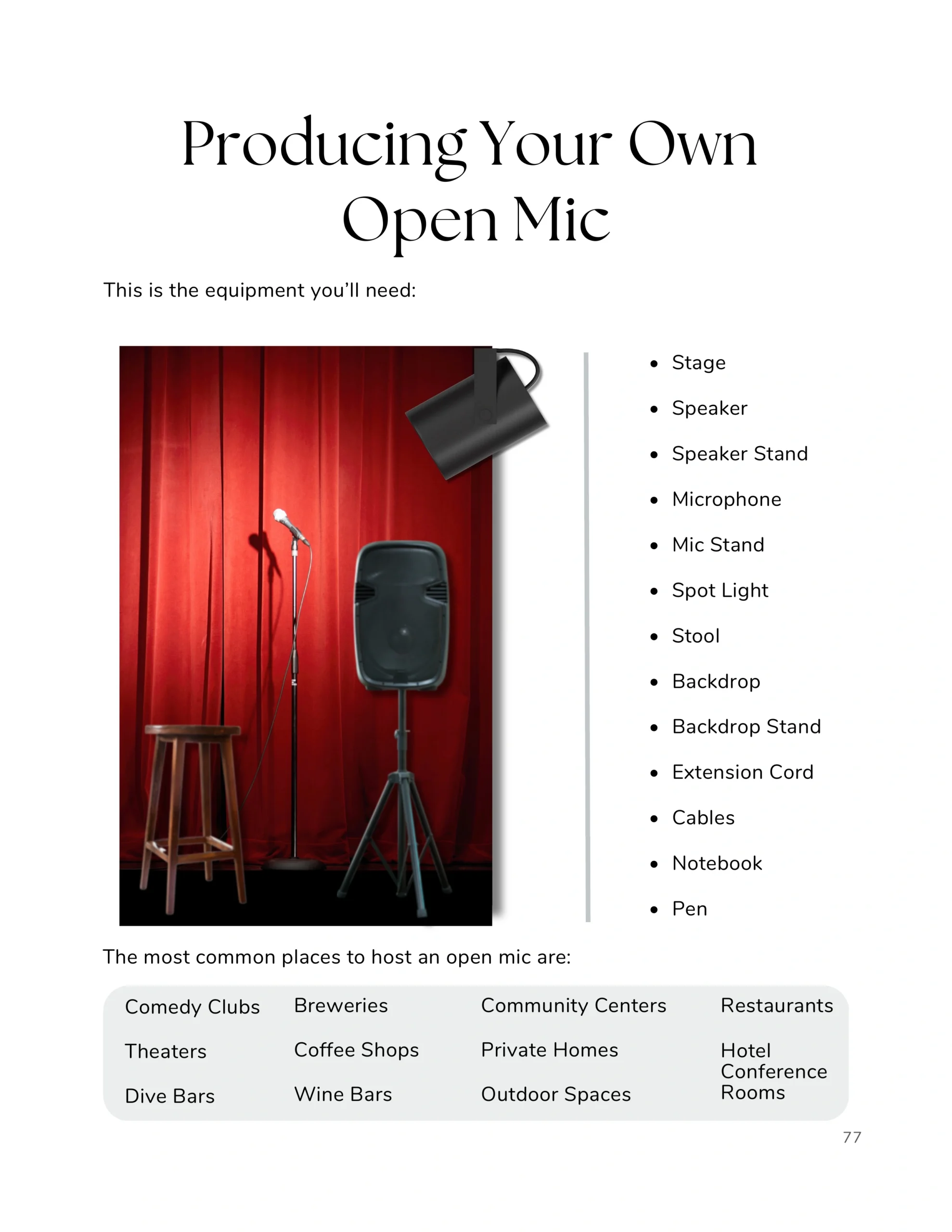 Guide to producing your own open mic in a stand-up comedy book by Mariza Brussolo