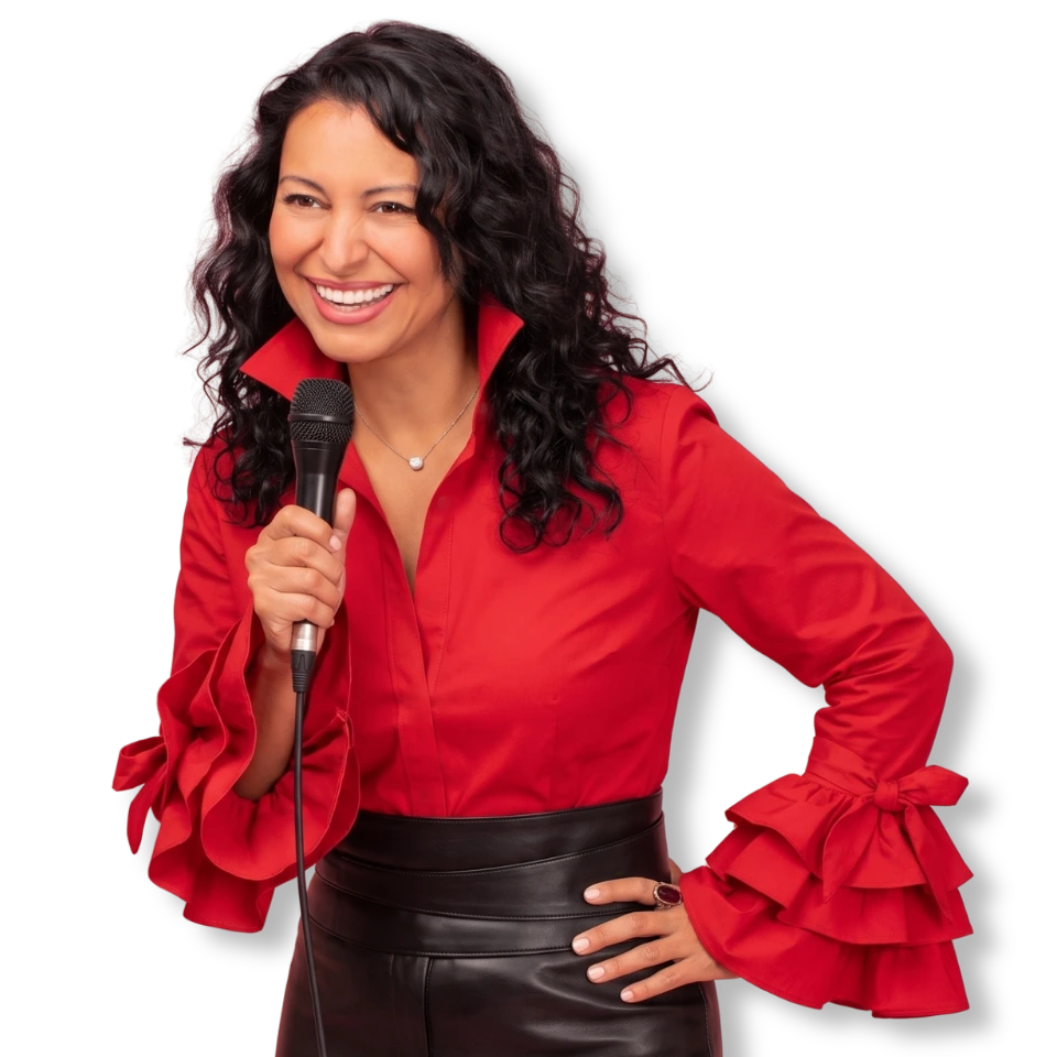 Mariza Brussolo comedian in Boca Raton Florida holding a microphone