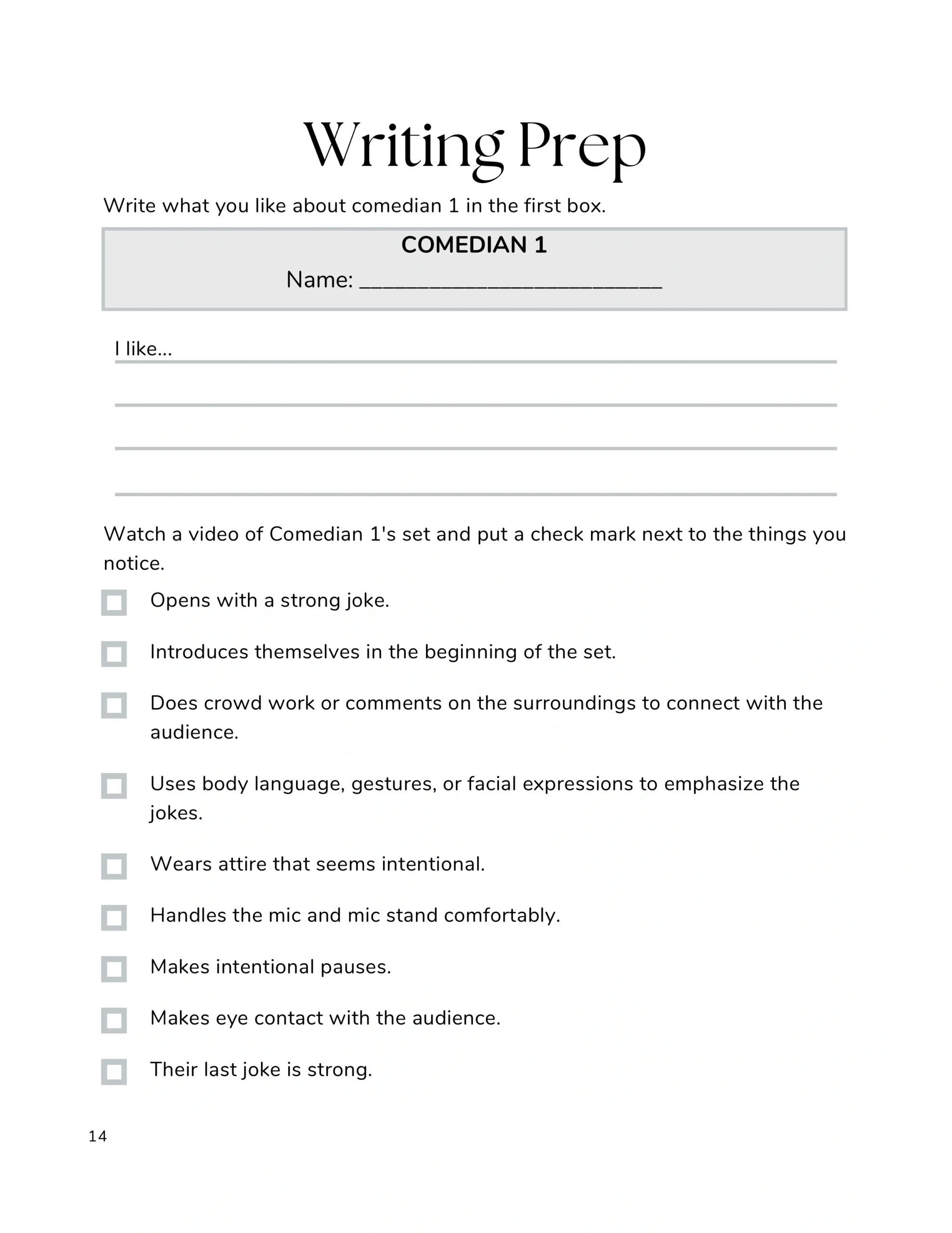 Stand-up comedy observation worksheet from Kickstart Your Stand-Up Comedy by Mariza Brussolo