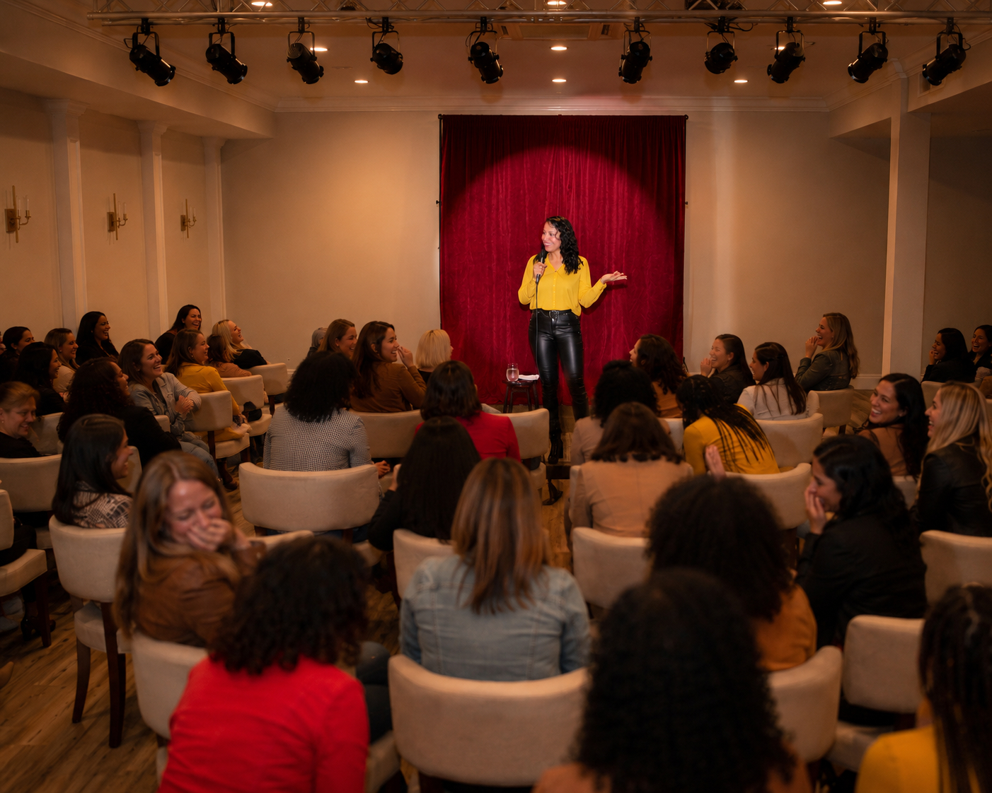 clean comedian performing on stage for a women's club