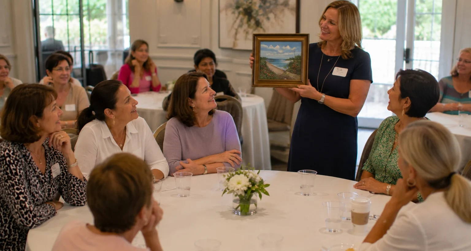 Woman presenting artwork during a show and tell activity at a women's group event