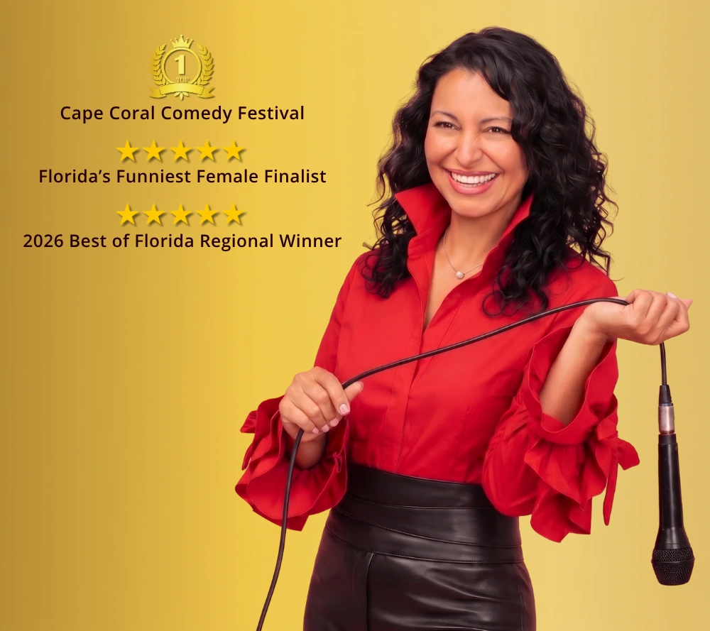 woman wearing a red blouse holding a mic awards on the left side
